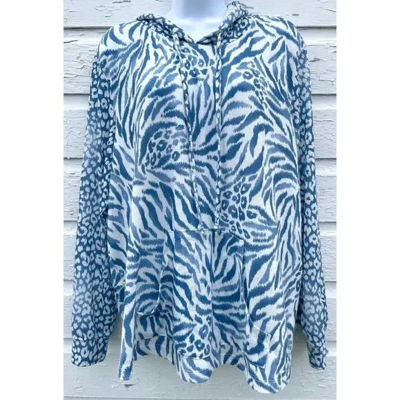 Alfred Dunner Sweater Hooded Womens XL Blue Animal Print Light Coastal Beach - Picture 1 of 6